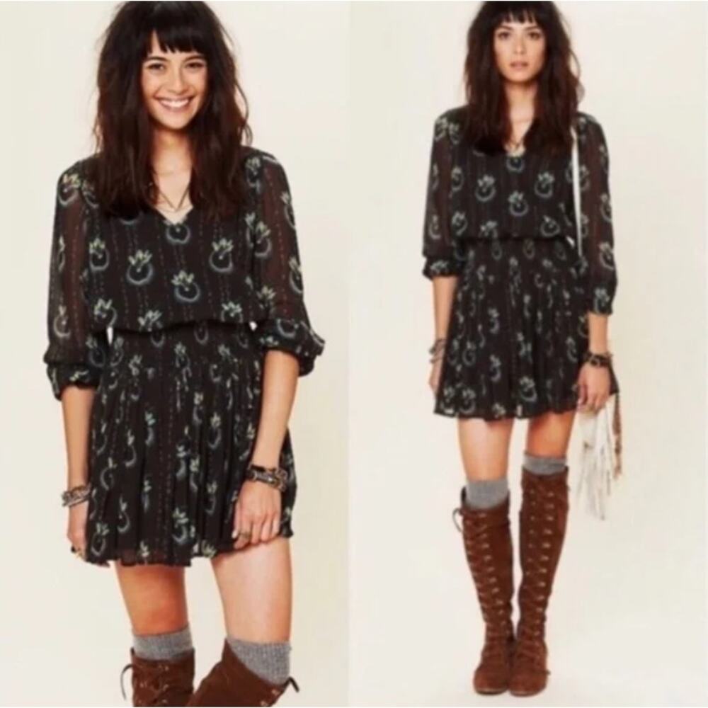 Free People Black Wild Horses Boho Longsleeve Mini Dress, Sz M